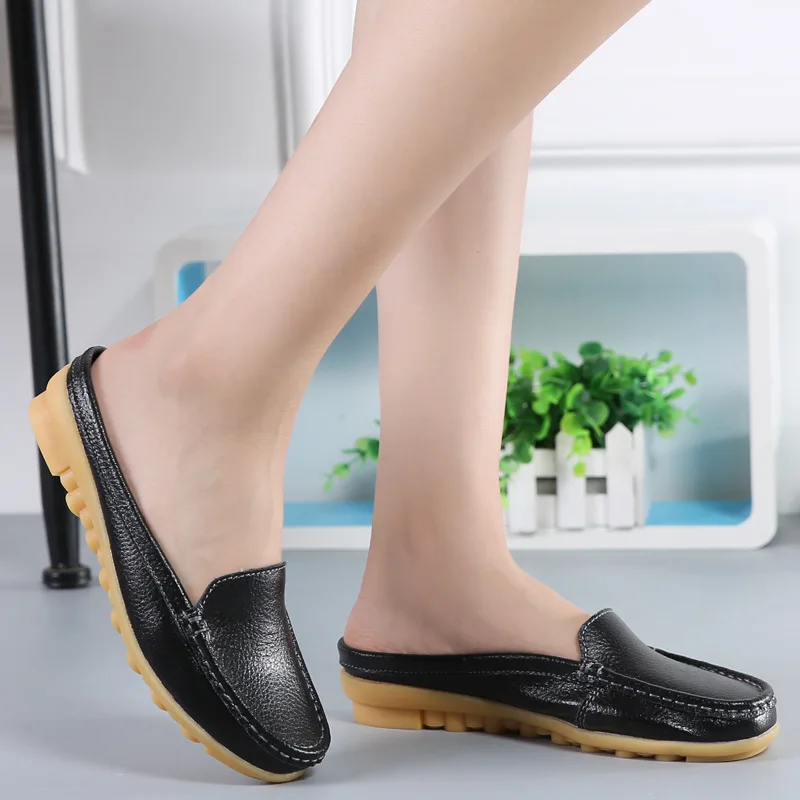 

Hot Selling Women's Casual Large Size Closed-toe Half Genuine Leather Moccosins Women's Lazy Summer Flat Slipper Shoes