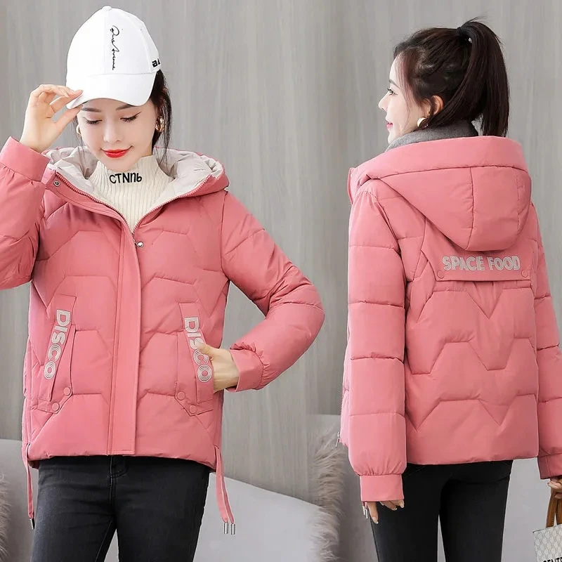 

New Overcoat Parka Down Cotton Clothes Loose Winter Short Letter Print Cotton Women's Student Coats Hooded Zipper Ladies Jacket