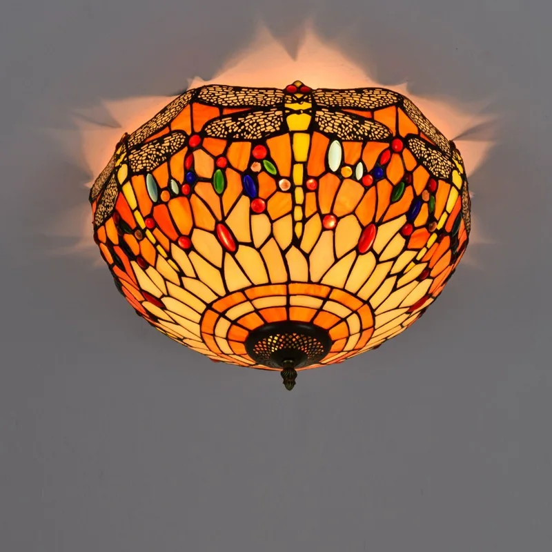 

40cm European-Style Retro Dragonfly Tiffany Multi-Color Glass Restaurant Bedroom Corridor Bathroom Glass Ceiling Lamp