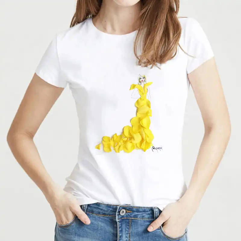 ファッションイラストの花ドレスと女の子デザイン流行tシャツ女性かわいいトップ女性かなり面白いtシャツノベルティtシャツ Aliexpress