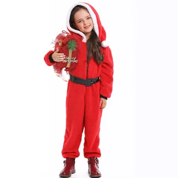 

Children Winter New Red Green Christmas Hooded Jumpsuit Santa Claus Party Costume Coral Fleece Parenthood Patchwork Jumpsuit: