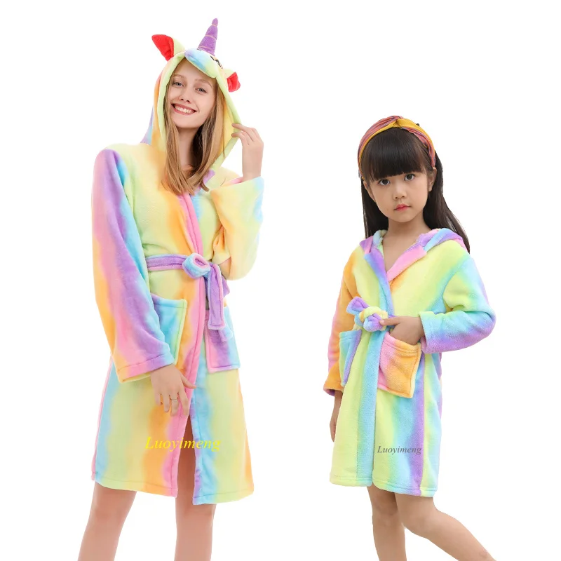 Children Bath Robe Baby Towel Hooded Kids Girls Dressing Gown Unicorn Bathrobes Boy Pajamas Sleepwear Adults Animal Bathing Robe