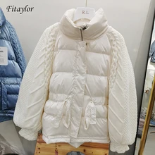 Fitaylor, зимняя куртка, женское вязаное пуховое пальто в стиле пэчворк, Женская куртка на молнии с белым утиным пухом, женское короткое плотное теплое пальто