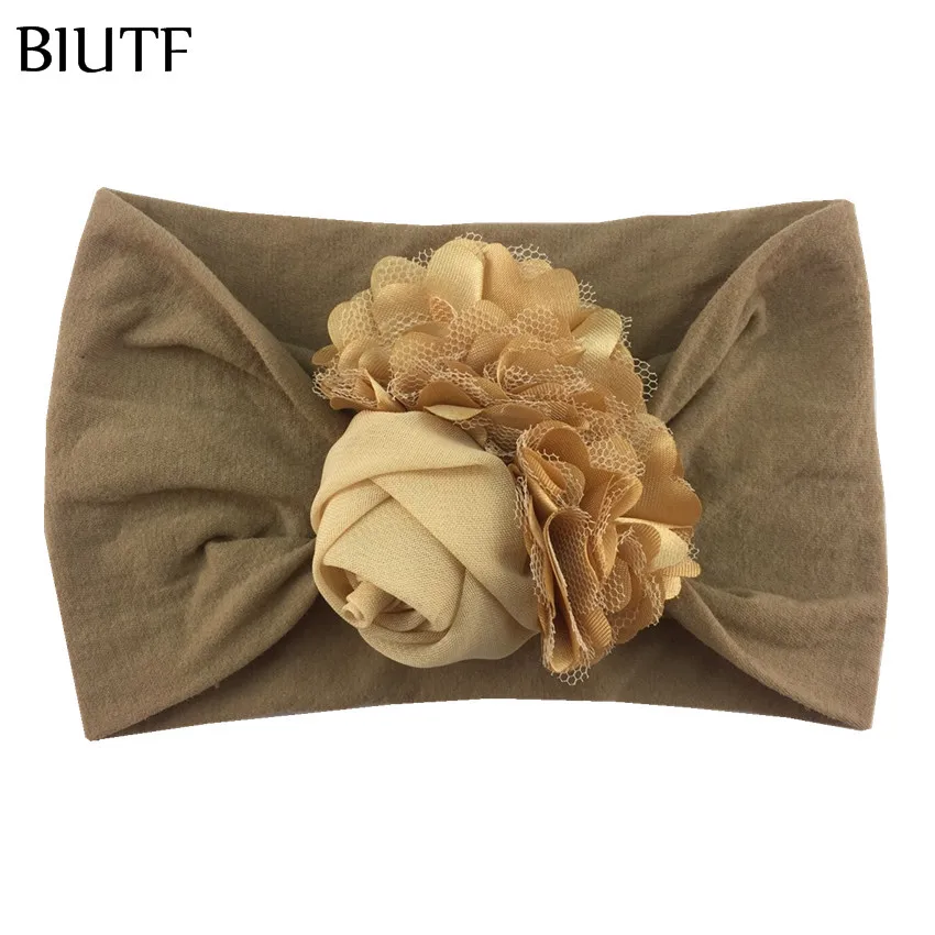 20pcs/lot Chic Headwear Elastic Wide Nylon Headband with Satin Flower Chiffon Rose Kids Photo Props 15 Colors HB105 - Цвет: 13-khaki