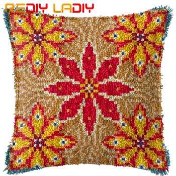 

Latch Hook Cushion Gold Red Mandala Pillow Case Acrylic Yarn Pre-Printed Color Canvas DIY Crochet Cushion Cover Christmas Gift
