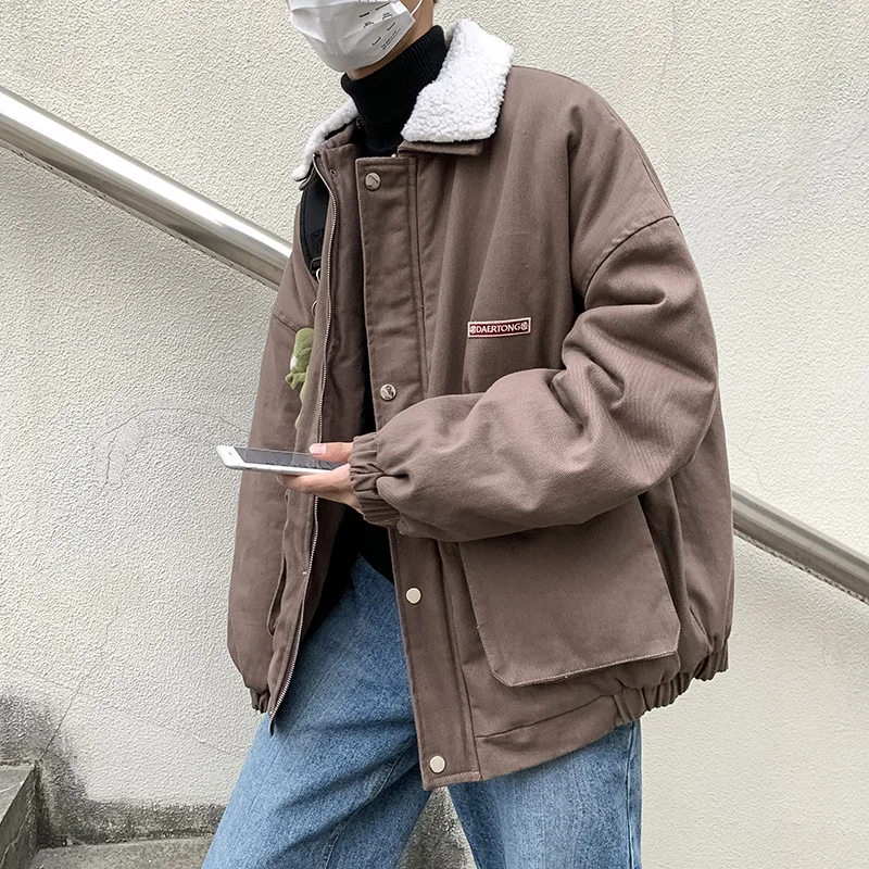 

Winter New Thick Jacket Men's Warm Fashion Parka Men Big Pocket Lapel Coat Street Wild Loose Cotton Tooling Jacket Male Clothes