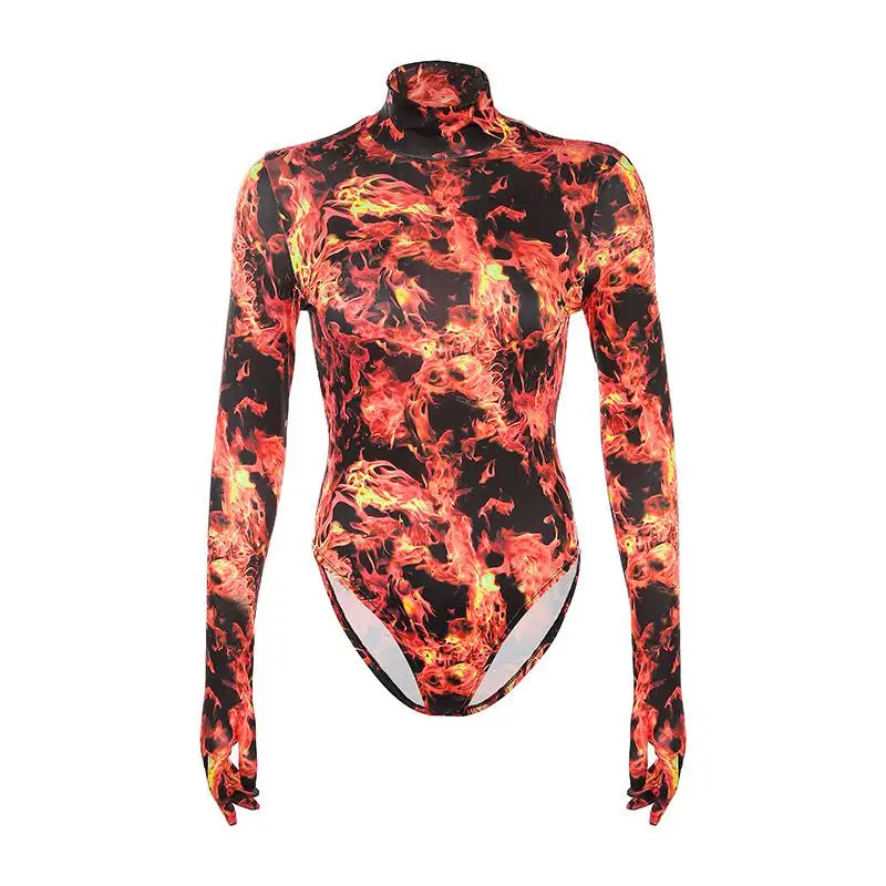 Облегающий комбинезон с длинным рукавом, Femme Fire, бодикон, базовый боди, Осень-зима, Модный женский комбинезон в стиле Харадзюку с принтом пламени - Цвет: red