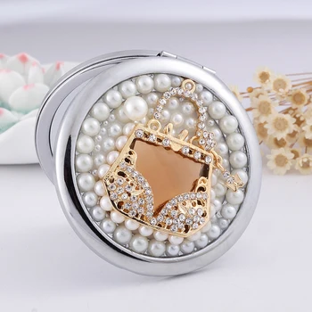 

Free Engraving,2 Face Magnifying Mirror Mini Pocket Cosmetic Makeup Mirror,Bling Champagne Crystal Handbag,Women Christmas Gifts