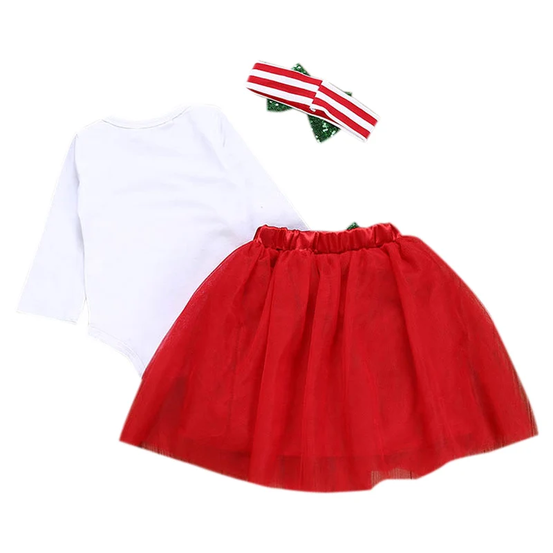 Новинка года; Рождественская детская одежда комбинезон с длинными рукавами для маленьких девочек; сетчатая юбка повязка на голову; комплект из 3 предметов
