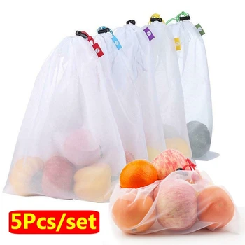 

5 Packs Reusable Mesh Bag Fruit and Vegetable Mesh Polyester Storage Bag Shopping Storage Sundries Bag