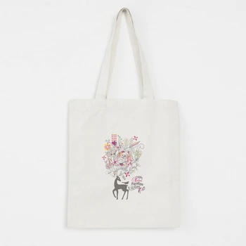

Deer Flower Print Women Shopping Bag Ladies Canvas Sweet Girls Shoulder Totes Beach Bags Large-Capacity Handbags Literary