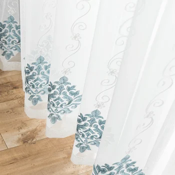 

European Blue Embroidery Simple Home Decoration Modern Curtain Tulle Fabrics Organza Sheer Panel Window Treatment White M144#4