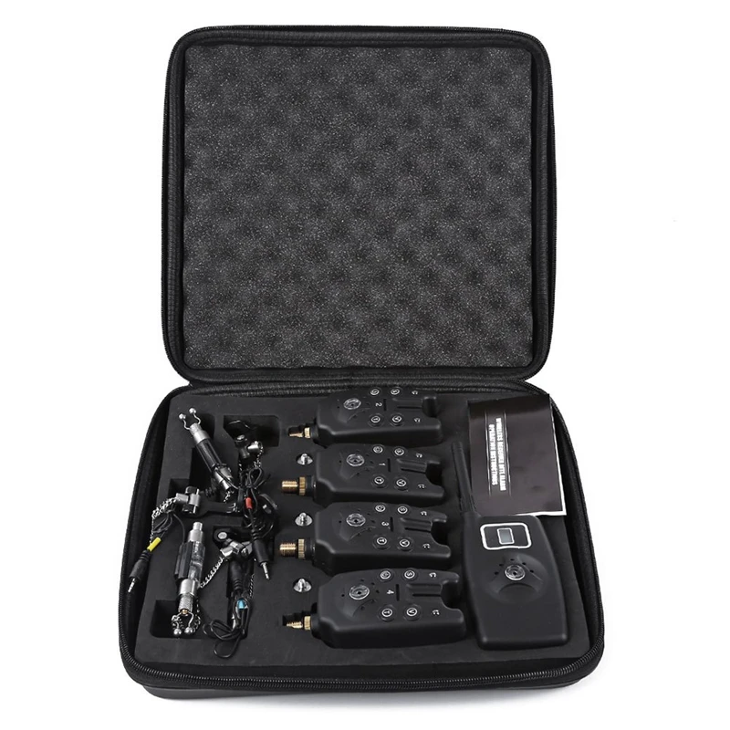 

NEW-Wireless Digital Fishing Bite Alarm Fishing Alarm 4 With Lcd Screen Indicator 1 Receiver 4 Fish Swingers With Zippered Case