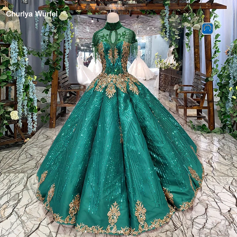 

HTL284 Green Evening Dresses with shiny lace cap tassel sleeve crystal high neck beading prom dresses abiti da cerimonia da sera