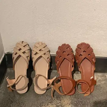

Vintage Woven Leather Women's Sandals Summer Shoes Woman Cover Toes Ankle Strap Flat Gladiator Sandals Ladies Casual Beach Shoes