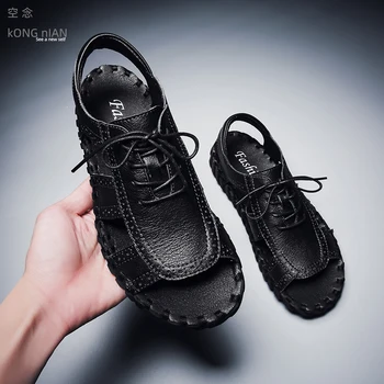 

2020Summer men's genuine leather Gladiator sandals daily outdoor black beach rome sandals hard-wearing men's casual adult rubber