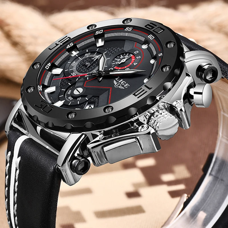 Lige New Watches Mens Top Luxury Brand Military Sport Quartz Men Watch Leather Waterproof Luminous-2