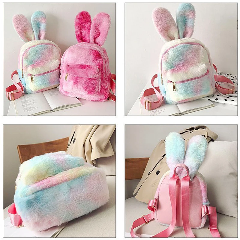 Rabbit Ears Tie Dye Plush Backpack For Women Faux Fur Shoulders Bag Cute Furry Mini Backpacks Girl Fluffy Bag 2021 Winter New