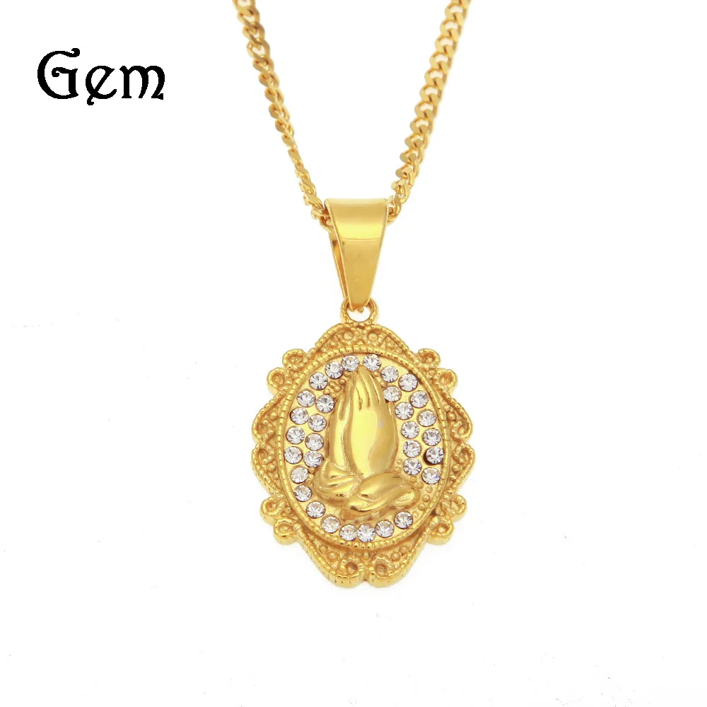 

Europe And America Hip Hop Accessories Prayer Hands Decorative Pattern round Pendant Gold Plated Diamond Set MEN'S Necklace