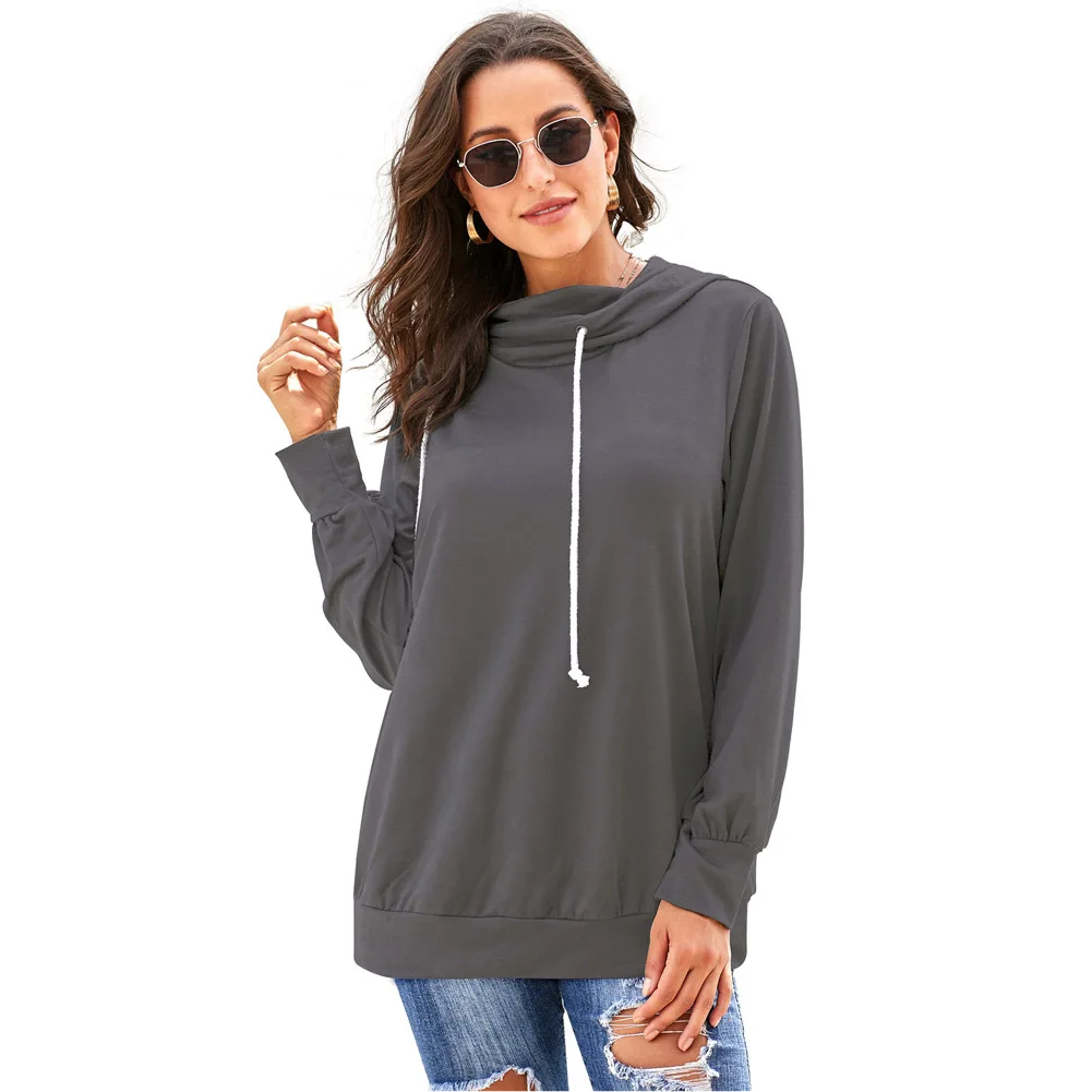 Spring Autumn New Hooded Women's European American Solid Color Long Sleeve Loose Pullover Women's Top with Drawcord