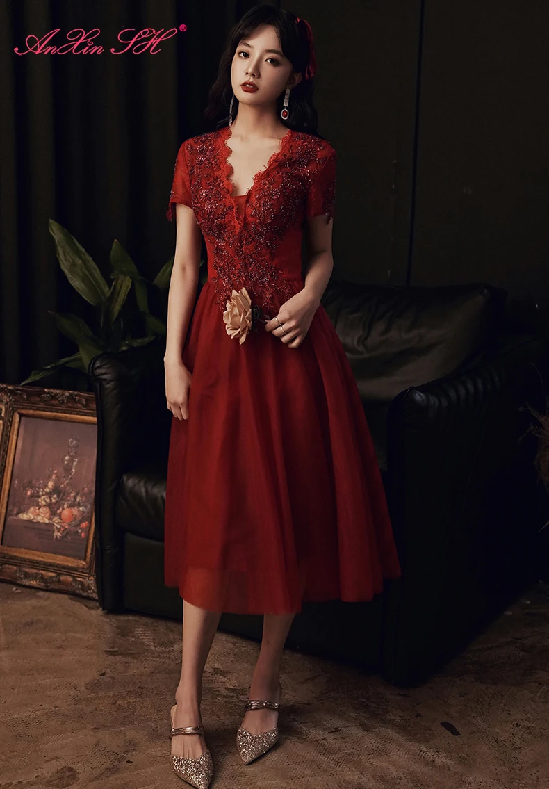 AnXin SH flower wine red lace v neck short sleeve evening dress vintage princess beading sparkly bride party | Свадьбы и торжества