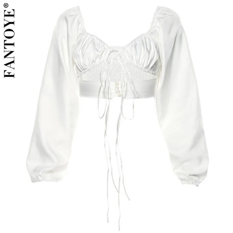Fantoye, модный сексуальный летний укороченный Топ для женщин, Винтажные белые топы на шнуровке, Топики, новинка, v-образный вырез, повседневный женский топ, рубашки для женщин