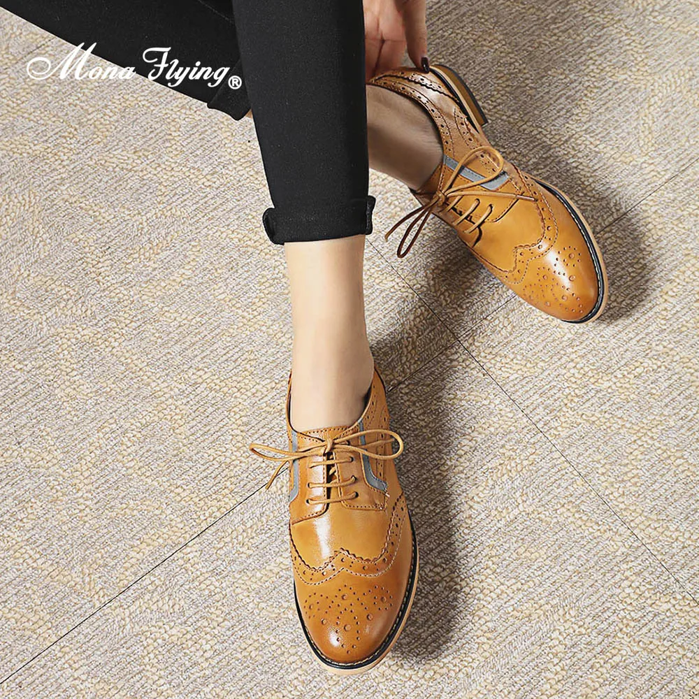 Mona Flying Women Premium Leather Wingtip Oxfords Brogue Comfort Hand-made Lace-up Shoes