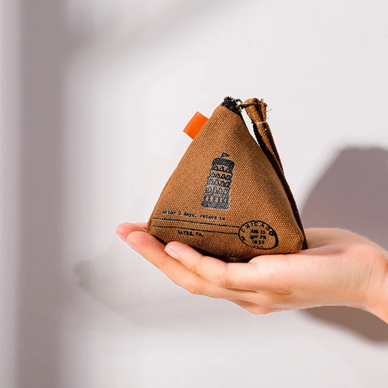 Zongzi Shaped Pocket Wallet Triangle Shape Canvas Coin Purse Cute Wallet Creative Retro Holding Bag Fashion Style Popular 1Pcs