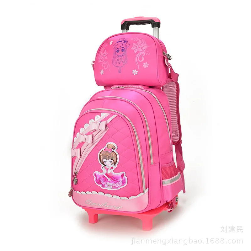 

New Tea Qi Picture Trolley Bag Two round Young STUDENT'S Travel Trolley School Bag 3-6 Grade Men And Women CHILDREN'S School Bag