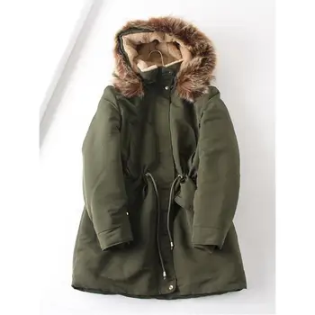 

Winter New Thick Fur Collar Long Parkas Solid Women's Loose Zipper Hooded Coat Drawstring Waist Slim Outwear