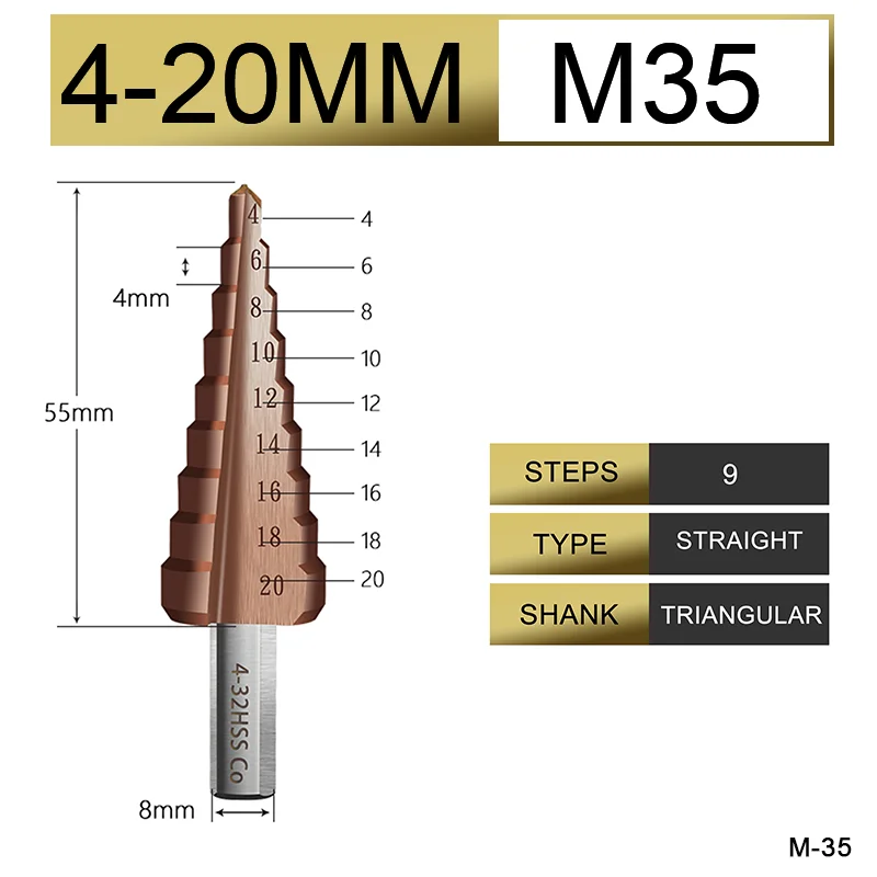 M35 4-20 UCHEER Hss стальное титановое ступенчатое сверло с треугольным хвостовиком 4-12/4-20/4-32 шнековое сверло - Длина режущей кромки: M35 4-20