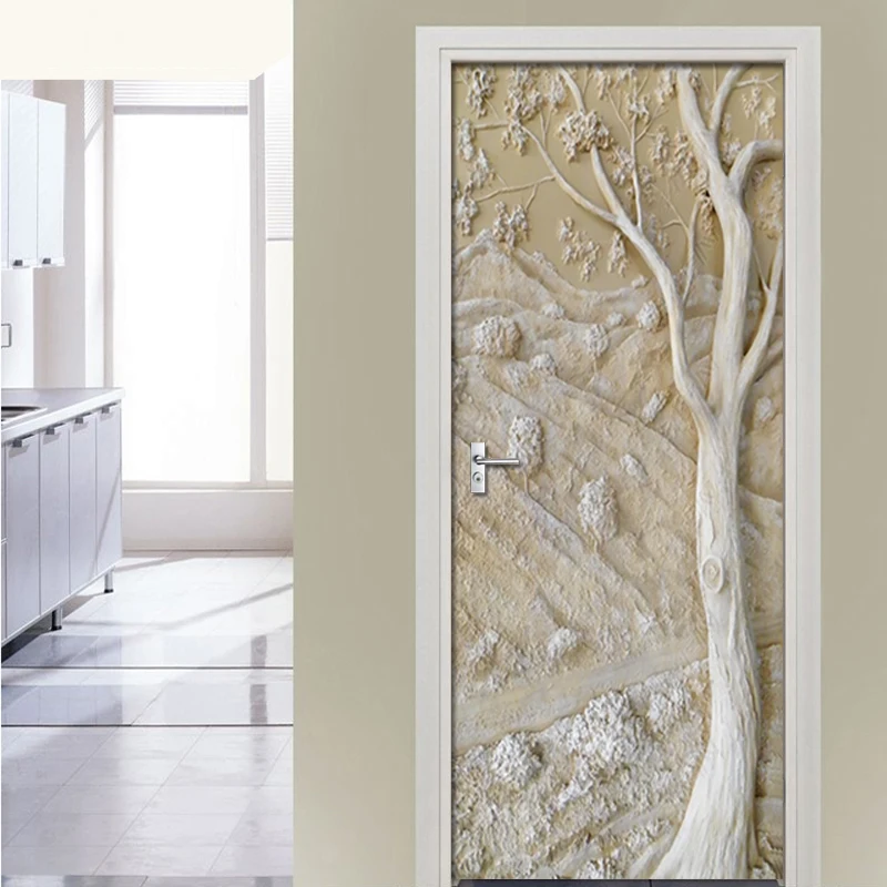 

Removable Door Stickers European 3D Embossed Old Tree Waterproof Living Room Bedroom Door 3D Wallpaper Self Adhesive Wall Decals