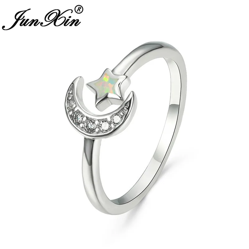 Real 925 Sterling Silver Ring Cute White Fire Opal Star Moon Rings For Women Open Adjustable Ring Wedding Bands Zircon Jewelry