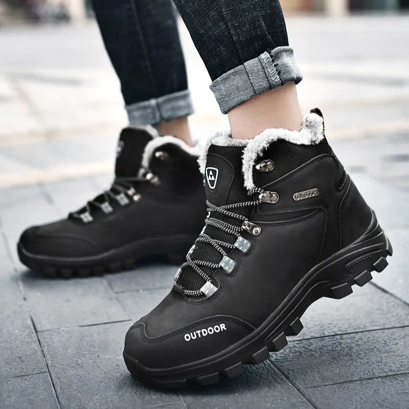 Genuine Leather Men Boots Winter with Fur Warm Snow Boots Men Winter Work Casual Shoes Military Rubber Ankle Boots