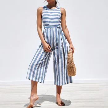 

Stripe Rompers Womens Jumpsuit Linen Overalls For Women VogueHigh Waist Sleeveless Tie Up Jumpsuit Wide Leg Pants Office Wear