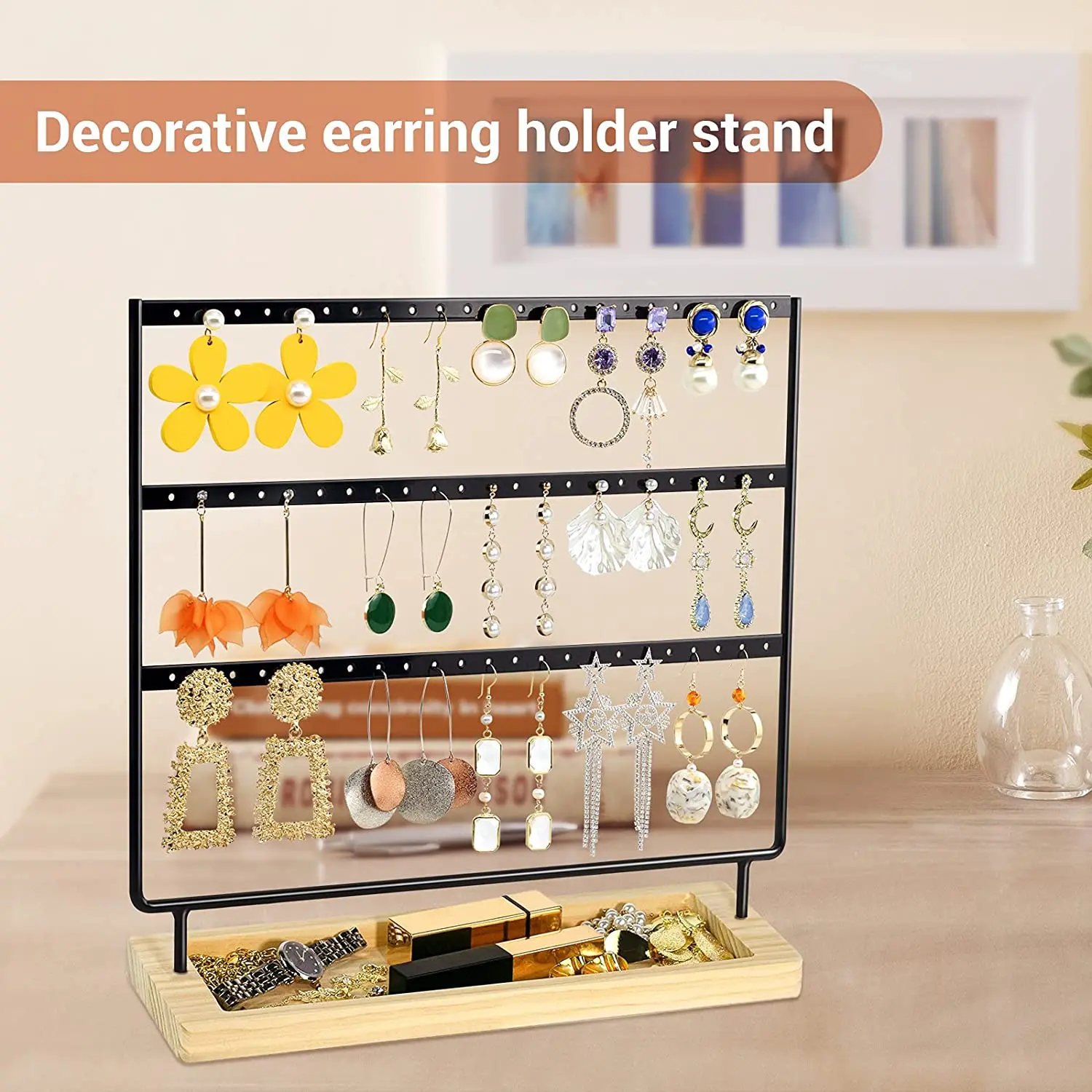 Soporte para pendientes de 3 capas, organizador joyería, árbol de exhibición, Base de madera de Metal, estante para pendientes para colgar aretes, pulseras collares, nuevo - AliExpress Joyería y accesorios