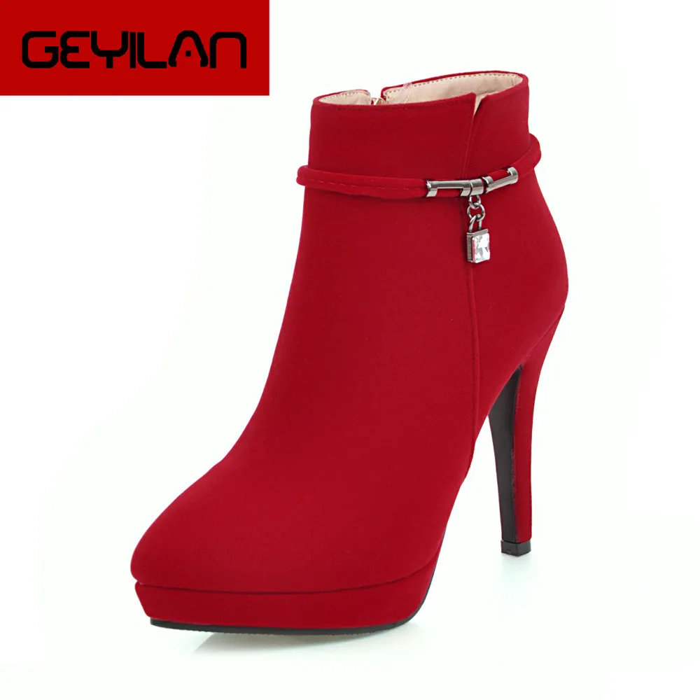 

Women Spring Boots High Heel Ankle Boots Zip Platform Shoes Pointed Toe Ladies Sexy Velvet Boots 2019 Red Black 34-43