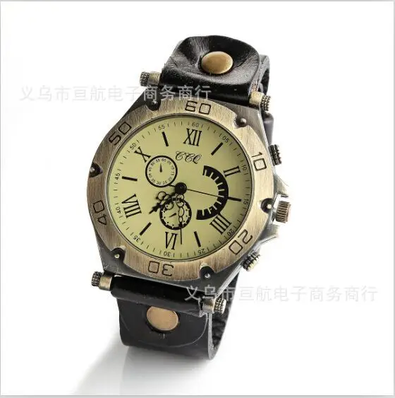 

Hot Selling Retro Copper Shell Cow Leather Watch Strap MEN'S Watch Three-Eyed with Numbers Measuring Quartz Watch
