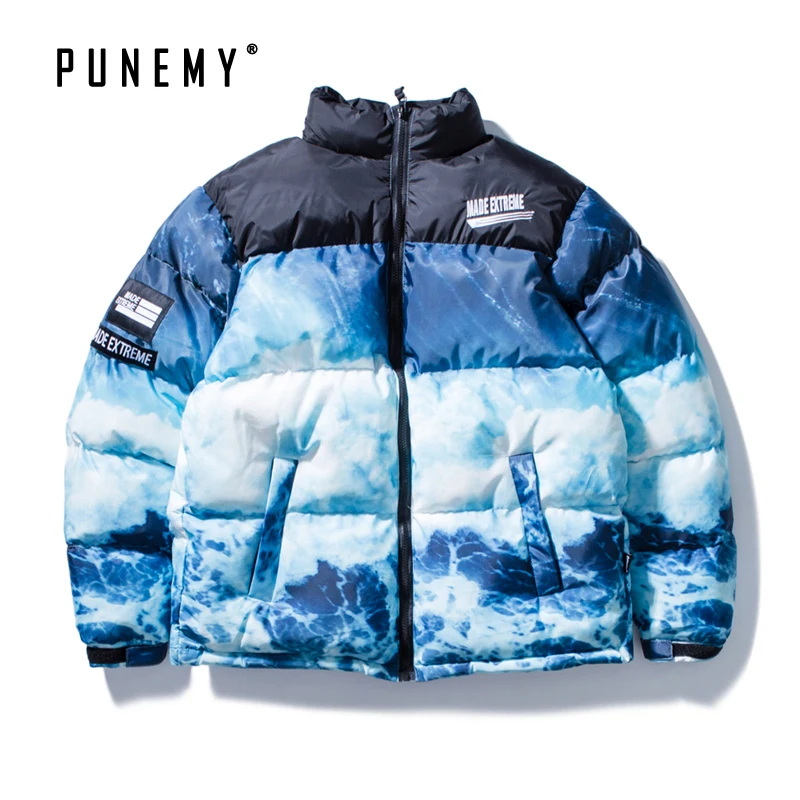 

Men Parkas Bomber Windbreaker Coats 2019 North Winter Canada Hip Hop Steetwear Retro Wave Pattern Stand Collar Men's Parkas Coat