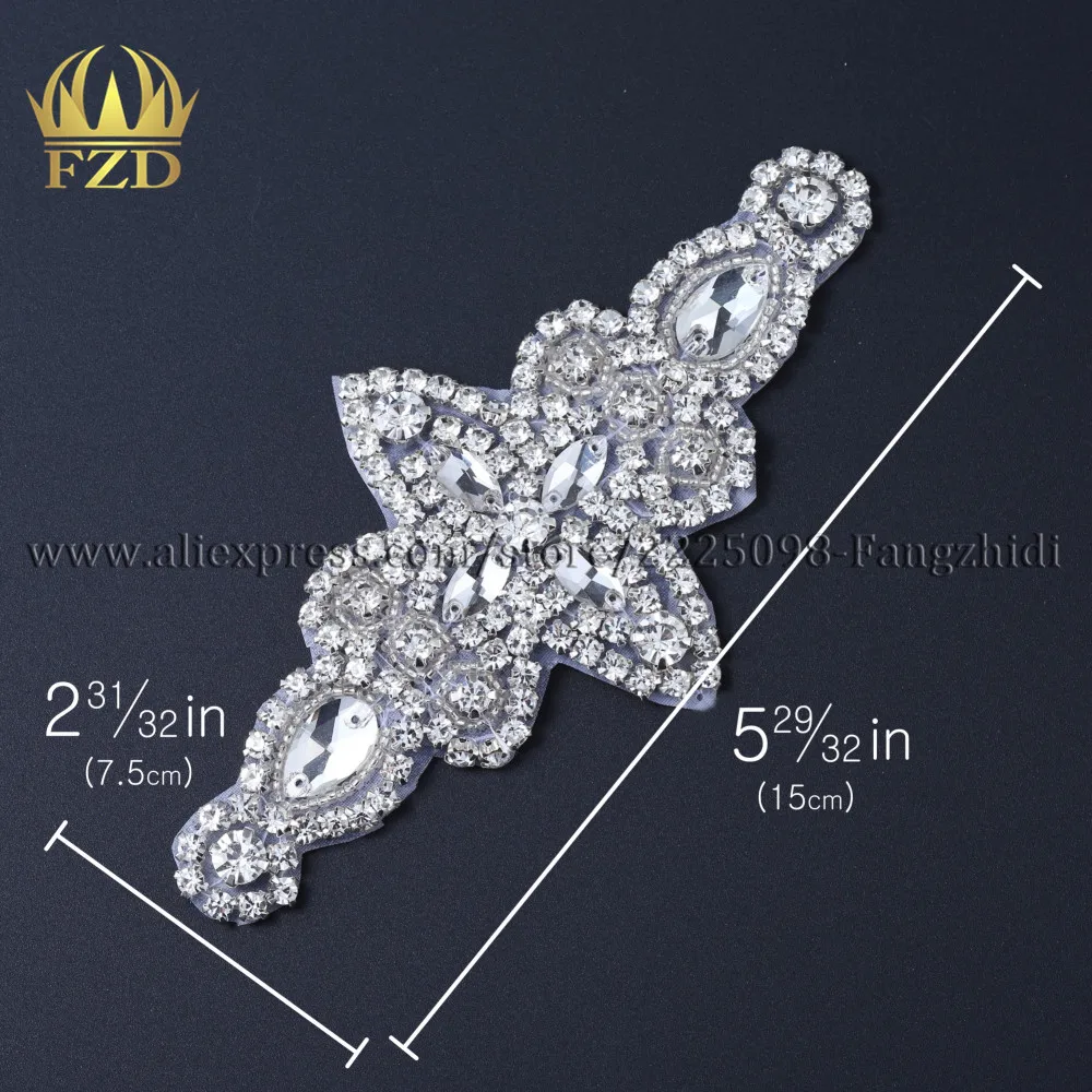 

FZD 1 Piece Rhinestone Appliques With Crystal Sew On Iron On Pompon Bridal Crystal Decoration Iron Sash Belts Glass Beaded