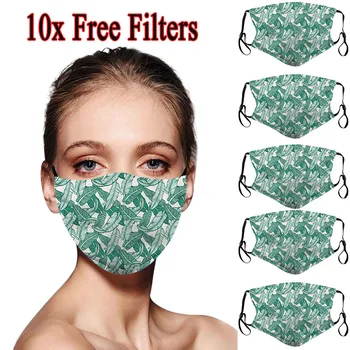 

5PC Mask +10PC Filters Christmas Green leaf Printed Masks Adjustable Earloop Mask Cotton Fabric Face Dust Windproof Mask