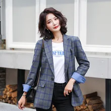 ^#Cheap High quality casual women's long sleeve blazer 2019 autumn slim blue plaid suit Business jacket large size Female office suit ^#Cheap High quality casual women's long sleeve blazer 2019 autumn slim blue plaid suit Business jacket large size Female office suit