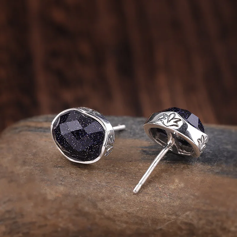 

direct sales of Thai silver hand made small fresh Earrings S925 pure silver jewelry lattice blue sandstone Earrings