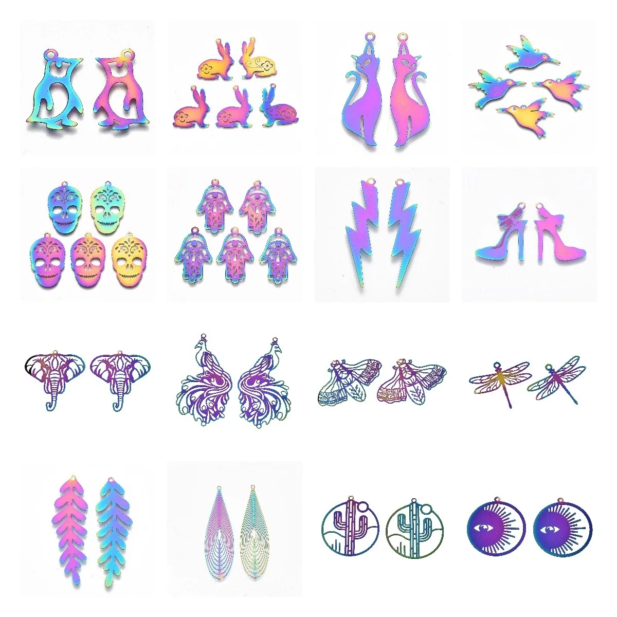 

5pcs Rainbow Filigree Cat Dragonfly Elephant Penguin Metal Charm Leaf Lightning Stainless Steel Pendants DIY Jewelry Accessories