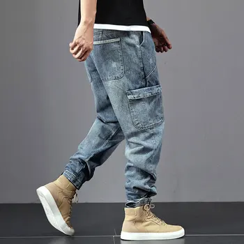 

Fashion Streetwear Men Jeans Retro Blue Loose Fit Harem Jeans Men Spliced Pocket Cargo Pants Embroidery Designer Hip Hop Jeans