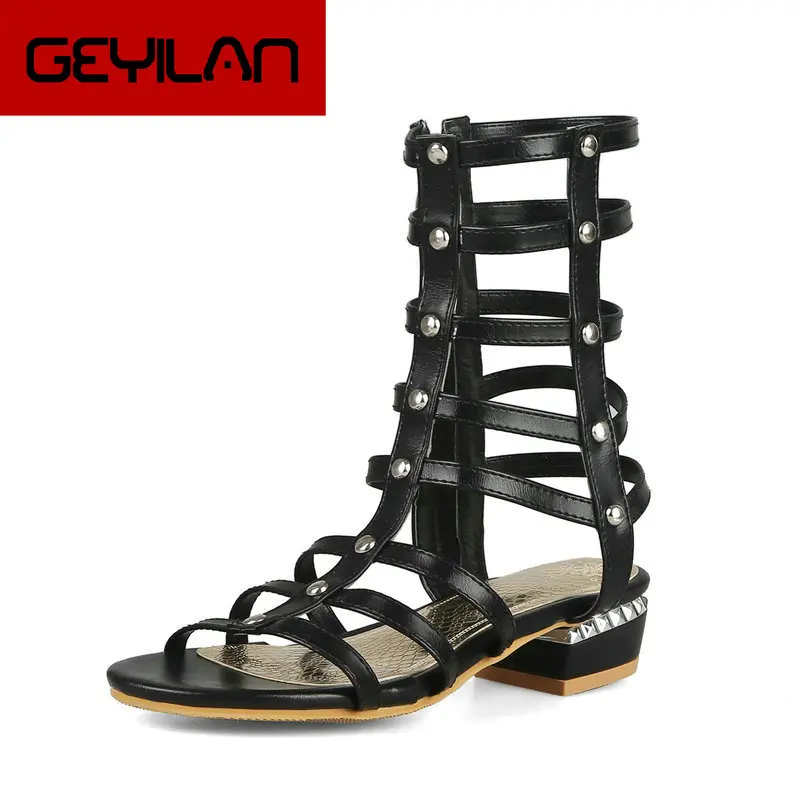 

2019 Summer Gladiator Sandals Female Open Toe Low Heels Zipper Casual Shoes Women White Black Brown Size 34-43