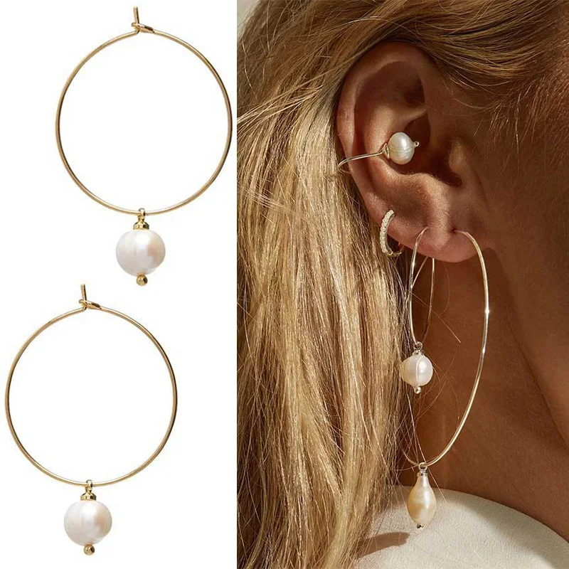 

2019 Winter New Design Elegant Gold Silver Color Loop Simulated Pearls Hoop Earrings For Women Minimalist Pearl Earring