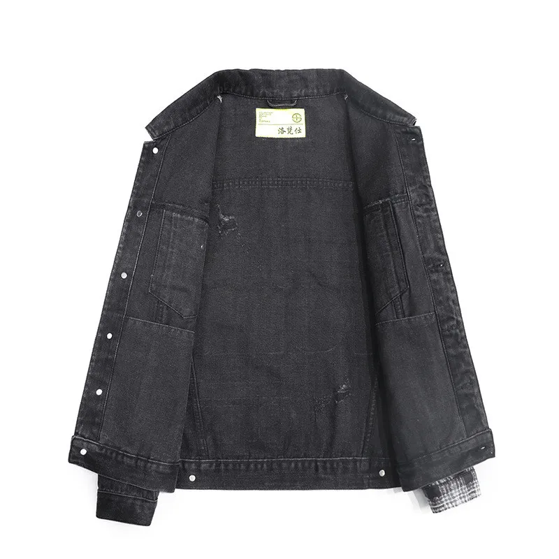 KIMSERE Для мужчин марка NEW FASHION Hi Street рваные джинсовые куртки в клетку в стиле пэчворк уличная одежда в стиле «хип-хоп», с эффектом потертости Джинсовая Верхняя одежда для детей с принтом букв