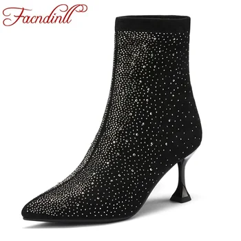 

FACNDINLL 2019 autumn new retro ankle boots for women pointed toe sexy high thin heels black gray rhinestone boots shoes woman