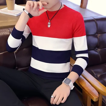 Hot sale men's sweater 2021 Spring Autumn new students South Korean Slim youth striped sweater red and black two colors M-XXL 1